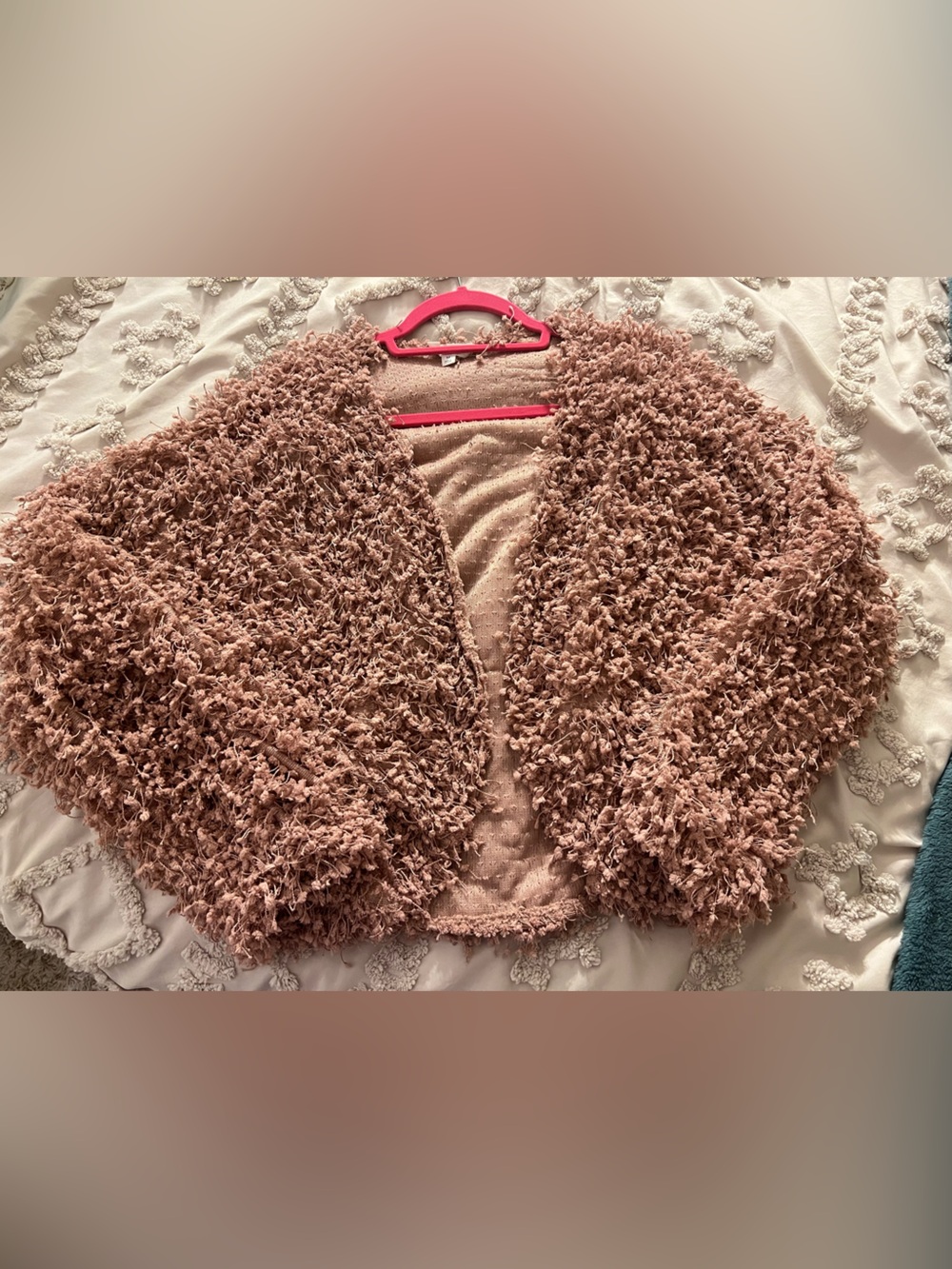 mauve shaggy loop knit teddy jacket by the brand E & M size Medium
